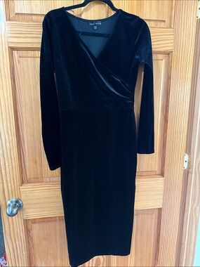 Carol Rose Black Velvet Wrap-Front Long Sleeve Midi Dress